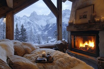 Cozy winter escape with mountain views and fireplace.