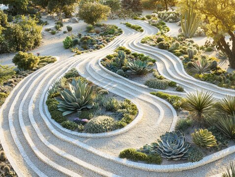 Serpentine succulent garden path winds through diverse plantings.