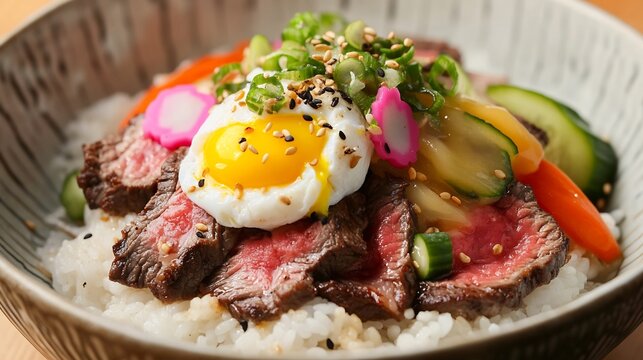 Serving of Japanese donburi topped marinated beef slices poached egg and pickled vegetables