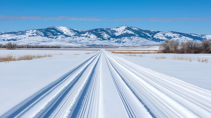 Snowy road leading to mountains, winter landscape, travel photography