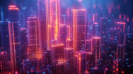 Fototapeta premium A vibrant, futuristic city skyline illuminated with neon lights and digital elements, creating a captivating urban atmosphere.