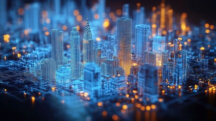 Fototapeta premium A vibrant, futuristic cityscape illuminated in blue and orange hues, showcasing intricate skyscrapers and a dynamic urban environment.