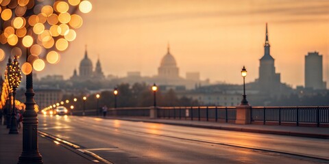 Obraz premium Blurry view of illuminated cityscape at sunset with domes and reflections on the street, travel concept