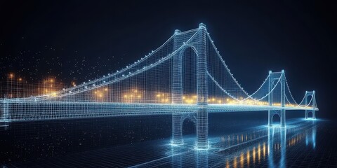 Obraz premium A futuristic digital rendering of a bridge illuminated by lights, set against a dark background, showcasing connectivity and innovation.