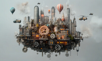 Floating Steampunk City with Airships and Gears – Futuristic Fantasy Concept