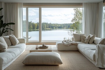 Serene lakeside living room with minimalist decor.