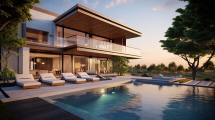 Fototapeta premium A luxurious modern home with expansive windows overlooks a pristine pool at sunset, surrounded by greenery, exuding elegance and sophisticated living.