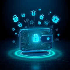 Fototapeta premium Cybersecurity Concept Holographic Display Digital Padlocks Glowing Blue Icons Data Protection Network Security 3D Rendering Sci-Fi Tech Illustration