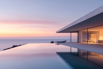Modern oceanfront home with infinity pool at sunset.