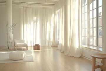 Sunlit minimalist room with sheer curtains and light wood floors.