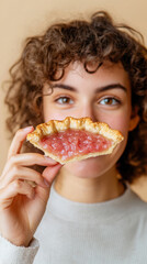 Delicious geometry concept with model holding half eaten pie slice