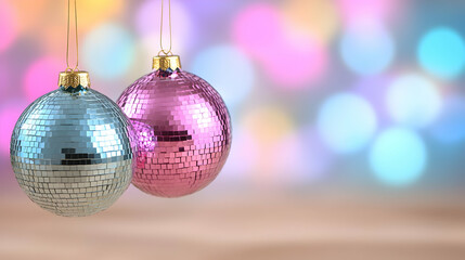 Obraz premium Blue and pink disco ball Christmas ornaments hang against a colorful bokeh background during holiday celebrations.