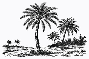 69 Botanical illustration, palm trees, black and white sketch, detailed line drawing, tropical landscape, group of coconut palms, realistic trunk textures, frond silhouettes, minimalist background, vi