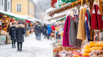 Obraz premium Vibrant february street market with cozy winter accessories for travel promotions