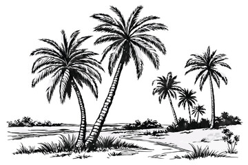 69 Botanical illustration, palm trees, black and white sketch, detailed line drawing, tropical landscape, group of coconut palms, realistic trunk textures, frond silhouettes, minimalist background, vi