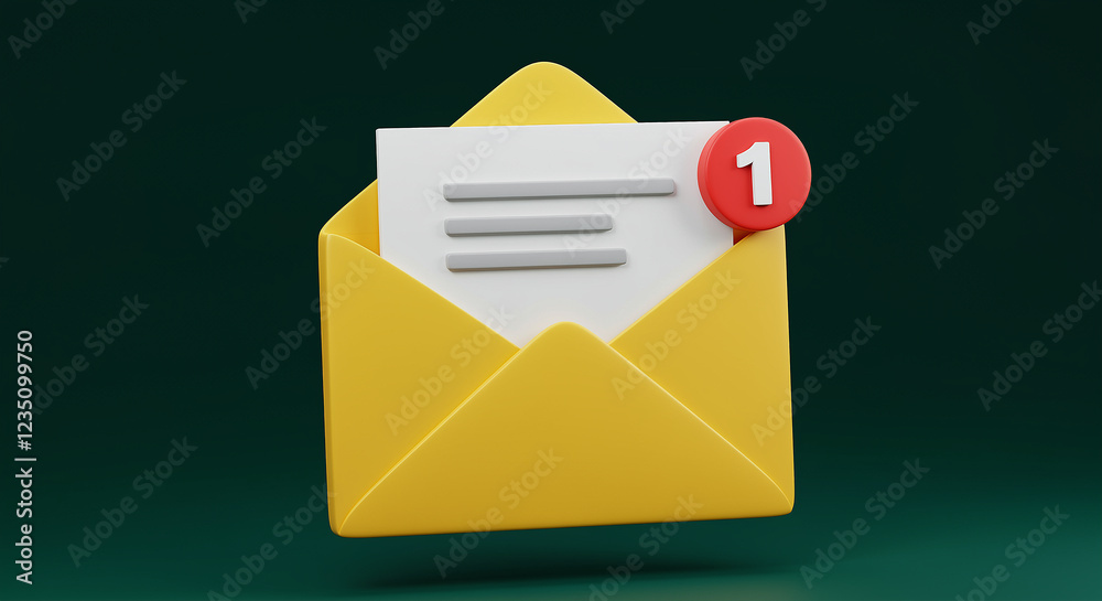 Poster yellow email envelope with notification. email notification with number one. open email envelope wit