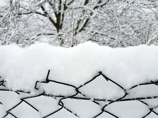 chain-link fence close-up and trees covered by white snow  - winter in countryside