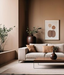 Earthy Elegance: A modern living room interior design concept featuring a cozy sofa with plush pillows, a stylish coffee table, and earthy tones throughout, creating a warm and inviting atmosphere. 