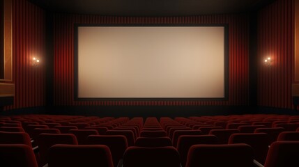 Fototapeta premium An empty cinema hall with plush red seats facing a blank, illuminated screen, waiting for the magic of movies to unfold.