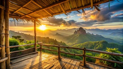 Sunset Mountain View from Rustic Bamboo Hut – Peaceful Nature Escape