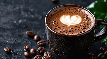 Coffee cup latte art, dark background, beans