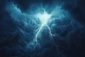 A stormy sky with lightning bolts and a blue sky