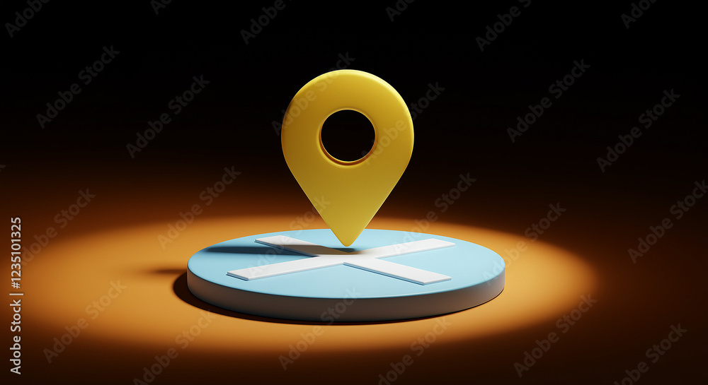 Poster yellow location marker on a blue platform with white cross. location marker on a platform for mappin