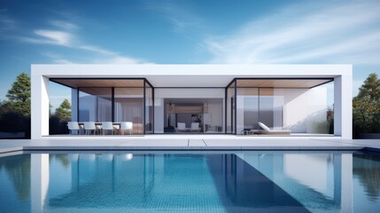 Fototapeta premium A sleek, modern house with glass walls overlooks a serene pool, embodying contemporary architectural elegance and simplicity.