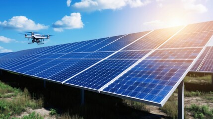 Drone monitors solar panels under a clear blue sky during daytime in a renewable energy facility