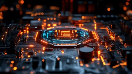 Futuristic Circuit Board Glowing With Orange And Blue Light