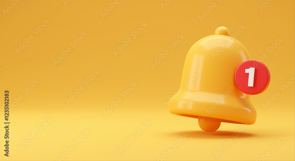 Poster notification bell with notification icon showing number one. 3d render of notification bell with red