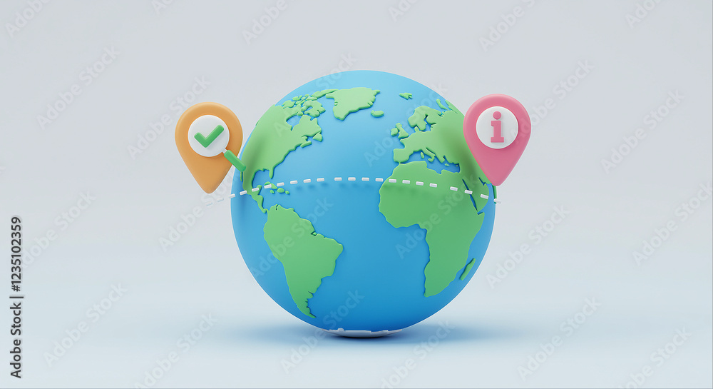 Poster globe with global travel route and map pins. world map with location markers and dotted line path