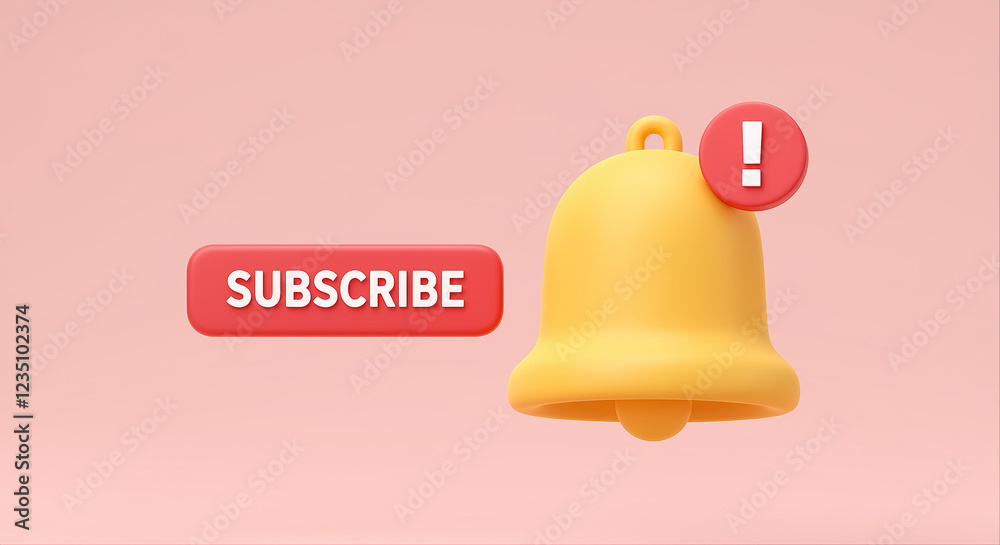 Poster notification bell with alert symbol and subscribe button. 3d notification bell with subscribe button