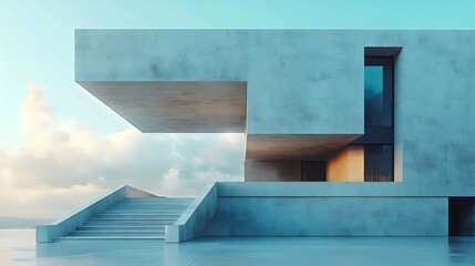 A large, modern building with a blue exterior and a glass door