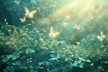 A serene forest scene filled with glowing butterflies and lush greenery.
