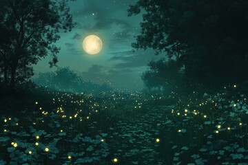 Fototapeta premium A serene landscape featuring a moonlit meadow filled with glowing fireflies and lush greenery.