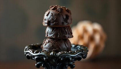 Stacked Chocolate Truffles in Ebony Rococo Style Rich and Rugged Chocolate Elegance, Cannabis infused chocolate Truffles, created with generative ai