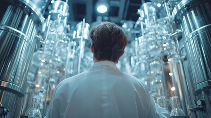 Scientist in a Laboratory with Large Steel Tanks and Glass Vials