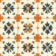Moroccan-Inspired Floral Tiles Pattern in Navy, Teal and Orange