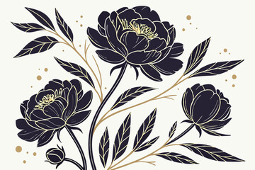  Dark moody floral, black and gold peonies, watercolor illustration, elegant botanical art, dramatic contrast, vintage-inspired, isolated flowers on white background, gold accents, rich textures, somb