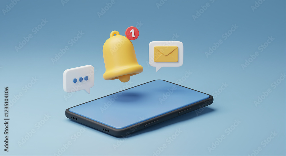 Poster smartphone with notification bell and message icons. mobile phone with notification and chat message