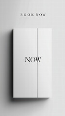 Book Cover in Minimalist Aesthetic: a pristine book cover, presenting a concise message: "Book Now", and the emphatic "NOW", epitomizing an atmosphere of modern minimalism.