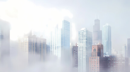 Fototapeta premium Misty cityscape blending skyscrapers and white fog for a dreamy and surreal atmosphere. Dreamy Surrealism. Illustration