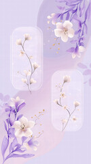 Floral Dream: Delicate white blossoms and lavender leaves are artfully arranged within a soft lilac and lavender background, creating a soothing.