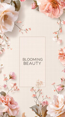 Blooming Beauty: A delicate floral arrangement surrounds a minimalist frame, "BLOOMING BEAUTY", showcasing a blend of peach, pink, and cream flowers.