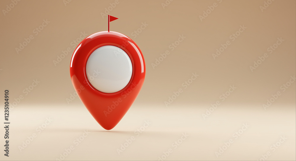 Poster red location pin with a small red flag on top. a 3d rendering of a map marker with a white circle in