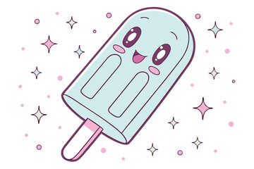 Cute cartoon popsicle, light blue ice cream, pink stick, simple smiley face, kawaii style, pastel colors, white background, sparkly texture, minimalist design, cheerful expression, children's illustra