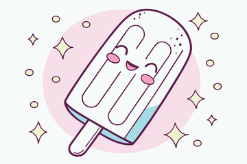 Cute cartoon popsicle, light blue ice cream, pink stick, simple smiley face, kawaii style, pastel colors, white background, sparkly texture, minimalist design, cheerful expression, children's illustra