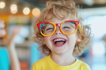 Joyful caucasian child wearing bright glasses smiling happily indoors