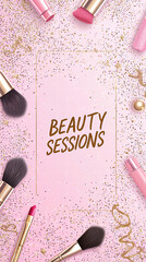 Beauty Sessions: A glamorous composition features an array of makeup tools arranged artistically around a central invitation with the words "Beauty Sessions", with an enticing backdrop.